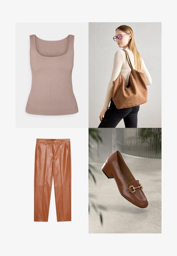 Ribbet tank topp i myk beige, med firkantet utringning og uten ermer. Materialet har en glatt tekstur med en tettsittende fasong.; Brune imitasjonslærbukser med skreddersydd passform, med frontfeller og rette ben. Glatt tekstur uten synlig maskinvare eller detaljer.; Brun lakkert skinn loafer med firkantet tå, metallkjedeakkent, og lav blokkheel; glatt tekstur, minimalistisk design.; Brun semsketotebag med myk tekstur, stor åpning og lange stropper. Har et enkelt design med synlig søm og uten maskinvare.