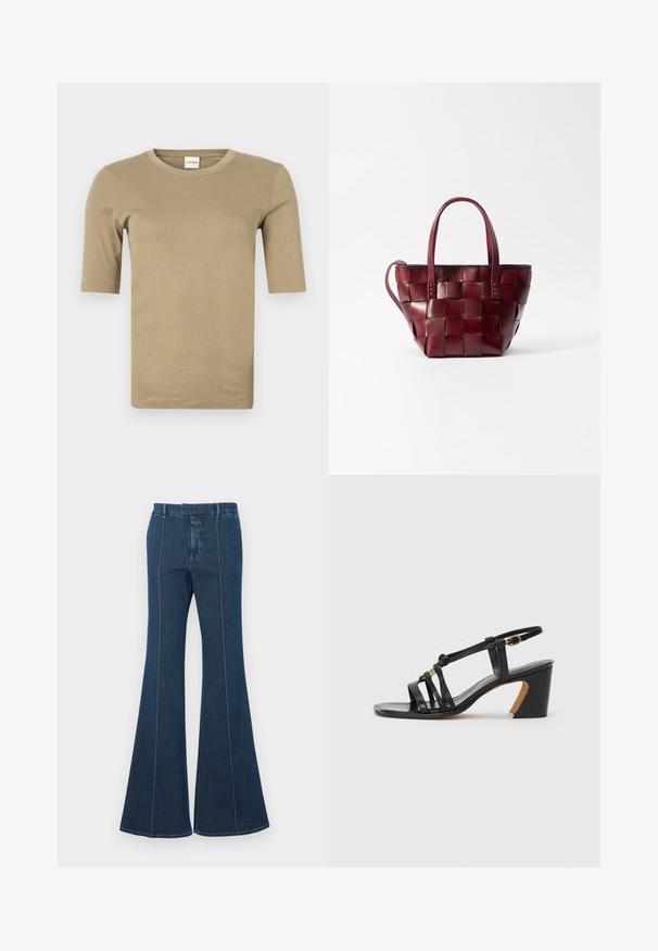 Μπεζ κοντομάνικο μπλουζάκι με στρογγυλή λαιμόκοψη, κατασκευασμένο από μαλακό, λείο ύφασμα, με ελάχιστες ραφές και εφαρμοστό σχήμα.; Τζιν παντελόνι με φαρδιά μπάσες σε σκούρο μπλε, με δομημένες ραφές και καθαρή φινίρισμα. Διαθέτει μέση με μεσαίο ύψος και φαρδιά, ρέουσα πόδια.; Paul Smith AMIRA - Κλασικές γόβες - black; Πλεχτή μπορντό δερμάτινη τσάντα tote με δύο κοντούς χειρολαβές και αποσπώμενο ιμάντα ώμου. Διαθέτει δομημένο σχήμα και λεία υφή.