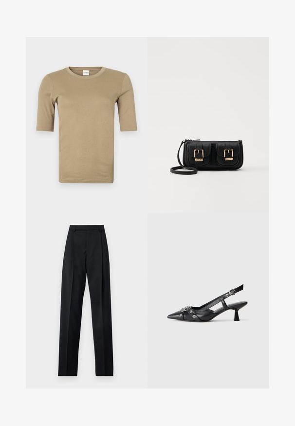 Beige short-sleeve t-shirt with a round neckline, constructed from a soft, smooth fabric, featuring minimal stitching and a fitted shape.; Black trousers made from smooth fabric featuring a high waist, wide legs, front pleats, and classic belt loops. No side pockets visible.; Black leather slingback shoe with a pointed toe, decorative straps featuring metal eyelets, and a low block heel. Textured surface.; Black leather crossbody bag with two front pockets, gold buckles, zipper closure, and a slim strap. Textured surface and compact rectangular shape.