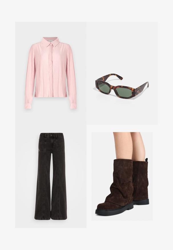 Rosa Langarmbluse mit Kragen, die eine plissierte Textur und eine Knopfleiste aufweist. Glattes Material mit kontrastierenden Manschetten.; Schwarze weit geschnittene Jeans aus Denim, mit hoher Taille, frontalen Taschen und tonal abgesteppten Nähten.; Braune Wildleder-Stiefel bis zur Wade mit schwarzen Gummisohlen, die an nackten Beinen getragen werden und leichte Faltenbildung an den Schafthaltern aufweisen.; Sonnenbrille aus Schildpatt mit rechteckigen grünen Gläsern, breitem Rahmen und dicken Bügeln. Sie zeichnet sich durch ein elegantes Design und eine glatte Kunststoffoberfläche aus.