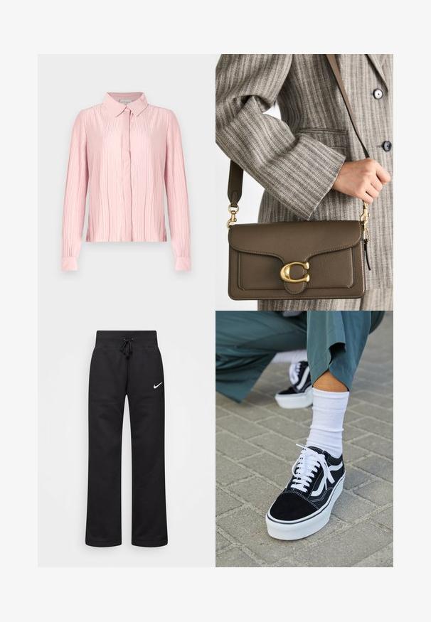 Rožinė ilgomis rankovėmis bliusonė su apykakle, turinti gličių tekstūrą ir mygtukų užsegimą. Lygus audinys su kontrastingomis rankovėmis.; Juodos medvilnės blend'o treninginės kelnės su raišteliu juosmens srityje, tiesiomis kojomis ir baltu Nike logotipu kairėje pusėje.; Juodas zomšinės sportbačiai su baltais akcentais ir raišteliais, turintys storą baltą padą ir kontrastingą siuvinėjimą, derinami su balta kojine.; COACH TABBY SHOULDER BAG 26 - Rankinė - dark stone