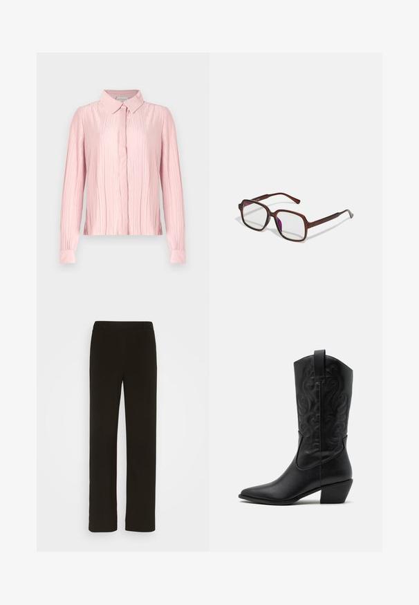 Blusa rosa de manga larga con cuello, que presenta una textura plisada y cierre de botones en el frontal. Tejido suave con puños en contraste.; Pantalones negros de pierna recta, confeccionados en tejido plano, con frente liso, dos bolsillos laterales y una textura suave. Sin patrones ni adornos visibles.; Botas de vaquero de cuero negro con punta afilada, patrones en relieve en espiral y un tacón de altura media. Presentan una lengüeta para facilitar el uso.; Gafas marrones y rectangulares con lentes transparentes y tintes morados. Montura de plástico suave con patillas rectas y detalles sutiles.; Bolso tejido de color verde oliva con forma redondeada y un asa retorcida. La superficie texturizada presenta un patrón diagonal. Cierre con cremallera.; Pendientes de aro de oro con forma irregular y texturizada. Presentan un cierre sin costuras y un acabado pulido, destacando un diseño moderno.