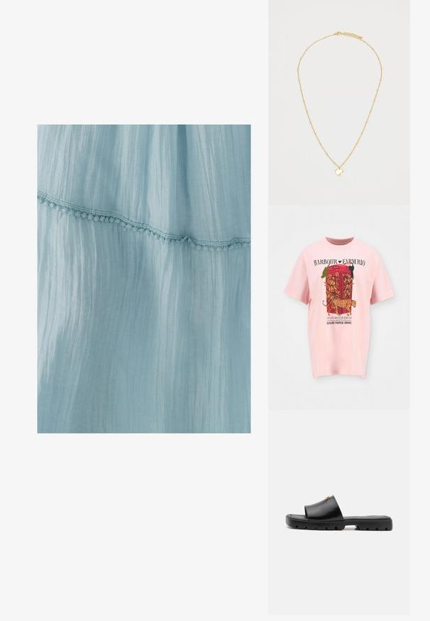 Light pink oversized t-shirt featuring a graphic print of a red telephone booth with tropical elements, leopard, and text in black and red.; Light blue dress made of crinkled fabric, featuring a decorative lace trim along the hem. The texture is soft and airy.; Black mules with a smooth, matte leather upper and a thick, textured rubber sole. Notable gold hardware accent on the upper. Simple, open design.; Soft dark brown faux fur pouch bag with gathered top and black drawstring cords on each side.; Gold necklace featuring a fine chain with small, evenly spaced beads and a circular pendant. The pendant has a smooth, reflective surface.