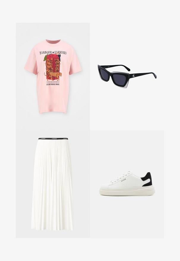 Hele roosa üle безопасности t-särk, millel on graafiline print punasest telefonikioskist, tropsete elementidega, leopard ja mustade ja punaste tekstidega.; Kurtitudega valge seelik musta elastse vööga, millel on "LACOSTE" logo. Keskmise pikkusega disain pehme tekstuuriga.; Valged nahast tennisetossud paksu valge tallaga, musta sametist kontsakeeuga ja külje peal riigilogo reljeefne kujundus. Lukkeskeem kuue silmaauguga.; Mustad suured mustad prillid geomeetrilise kujuga, tumedate läätsedega ja kontrastse halli detailiga raamidel. Logo käe peal.