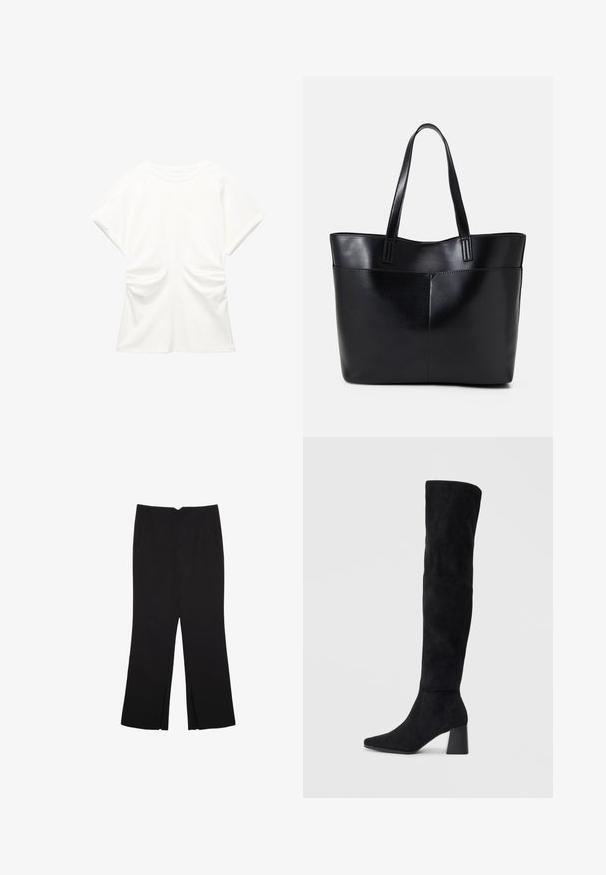 Bela bluzica s kratkimi rokavi in okroglo ovratnikom, z nabranimi stranskimi detajli, prikazana na enobarvnem ozadju.; Črne hlače ravnega kroja z naglavnimi žepi in stranskimi razporki na robu. Narejene iz mehke, gladke tkanine. Primerne za različne priložnosti.; Črne semiš škornje do kolen z blok peto, s koničastim nosom in gladkim, brezšivnim dizajnom na enostavni svetli podlagi.; Črna usnjena torba z dvema dolgima ročajema, gladko teksturo in strukturirano obliko. Ima sprednji žep za dodatno shranjevanje.