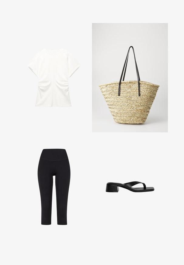 Witte blouse met korte mouwen en ronde hals, met geplooide details aan de zijkanten, weergegeven op een effen achtergrond.; Zwarte driekwart leggings van rekbare stof, met een hoge tailleband en zonder zichtbare patronen of hardware.; Zwarte leren sandalen met hakken hebben een teenvetstrapontwerp, vierkante neus en een lage blokhak. Zachte textuur met een minimalistische stijl.; Gevlochten stro tote bag met een brede, taps toelopende vorm, voorzien van twee zwarte leren handvaten. Natuurlijke beige kleur met een gestructureerd oppervlak.