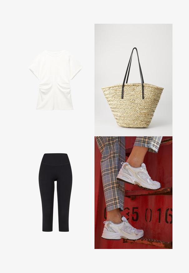 Blusa bianca a maniche corte con collo rotondo e dettagli arricciati sui lati, esposta su uno sfondo neutro.; Leggings neri a tre quarti realizzati in tessuto elasticizzato, con una vita alta e senza motivi o hardware visibili.; Sneaker bianchi in rete con accenti argento e suola testurizzata, posizionati su una superficie rossa, abbinati a pantaloni a scacchi.; Borsa a tracolla in paglia intrecciata con una forma ampia e affusolata, dotata di due manici in pelle nera. Colore beige naturale con una superficie texture.