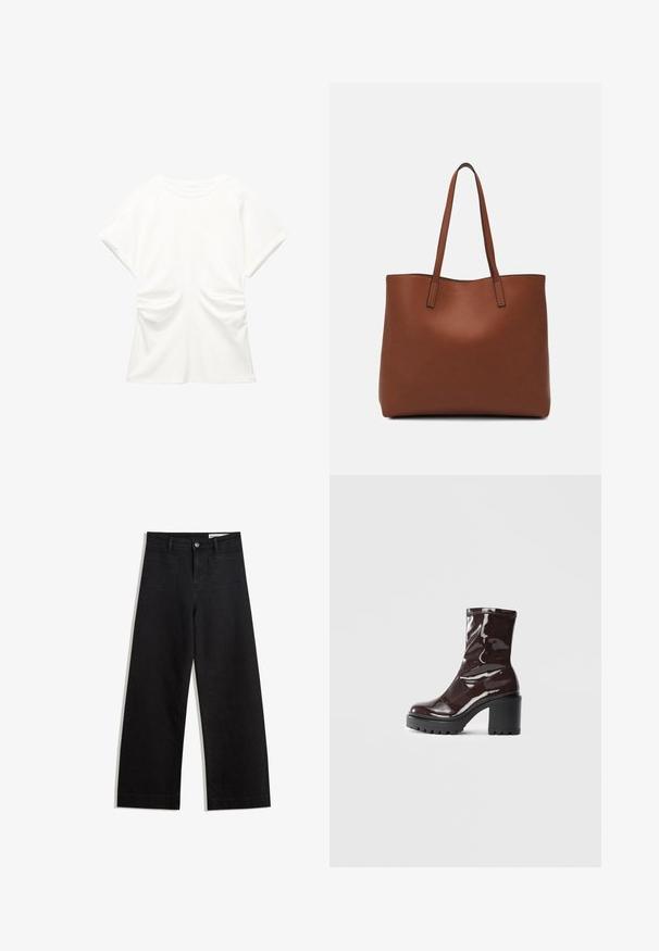 Witte blouse met korte mouwen en ronde hals, met geplooide details aan de zijkanten, weergegeven op een effen achtergrond.; Zwarte denim broek met wijde pijpen en een hoge taille, voorzien van voor- en achterzakken, gestikte naden en een knoopsluiting. Gladde textuur.; Glanzende bordeauxrode enkelboot met een chunky zwarte hak, met een gladde textuur en een eenvoudig ontwerp. Geen zichtbare sluitingen of patronen.; Bruine leren tote bag met een gladde textuur, een ontwerp met een open bovenkant en twee schouderbanden. Kenmerkt zich door minimale stiksels en geen zichtbare hardware.