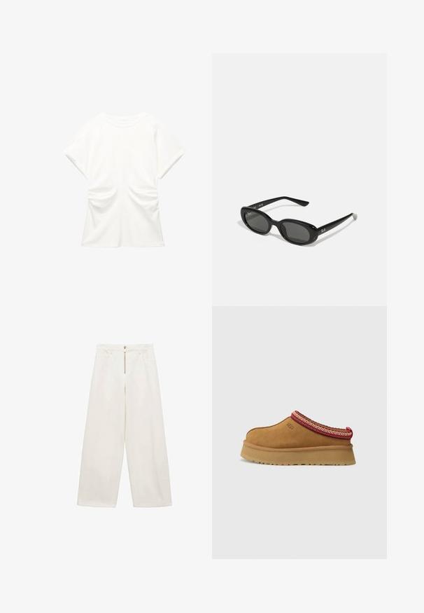 Bílá blůza s krátkým rukávem, kulatým výstřihem a nabíranými detaily po stranách, vystavená na jednobarevném pozadí.; Kalhoty se širokými nohavicemi z off-white bavlněné tkaniny. Disponují předním zipem a dvěma bočními kapsami. Hladká texturie a uvolněný střih.; Hnědé semišové slip-on boty s červeným a krémovým vzorovaným lemem, texturovanou podrážkou a logem UGG po straně. Obsahují mírnou výšku platformy.; Černé sluneční brýle s oválnými objektivy, lesklý plastový rám a štíhlé nožičky. Na boku se nachází bílé logo Ray-Ban.; Červená kožená taška přes rameno s zakřiveným designem, hladkým povrchem a zipovým uzávěrem. Obsahuje tenkou rukojeť pro nošení.