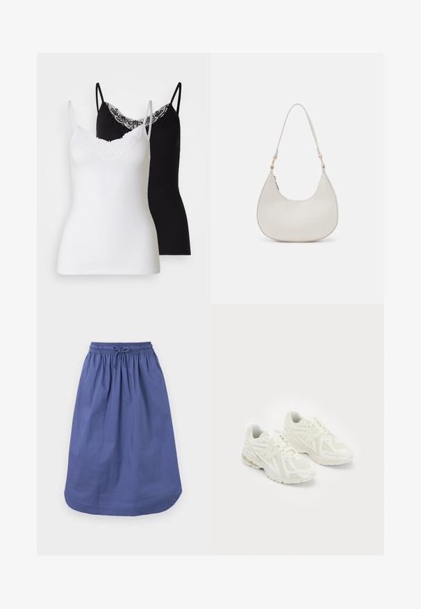 Divas kamzoli baltā un melnā krāsā. Abiem ir plānas siksnas un dekoratīvs mežģīņu kakla izgriezums. Izgatavoti no mīksta, elastīga auduma.; Zila kokvilnas svārki ar elastīgu jostasvieta un auklu. A-līnijas siluets, ceļgalu garumā, gluda tekstūra, bez rakstiem vai akcentiem.; Baltie sporta apavi ar sietveida un sintētiskiem materiāliem, ar auklām, mīkstināta apmales, un teksturētu zoli labākai saķerei. Vieglas konstrukcijas.; Krems krāsas ādas plecu soma ar pusmēness formas siluetu, plānu siksniņu un smalku šuvju detaļām. Minimālistisks dizains ar zelta toni aparatūras akcentiem.