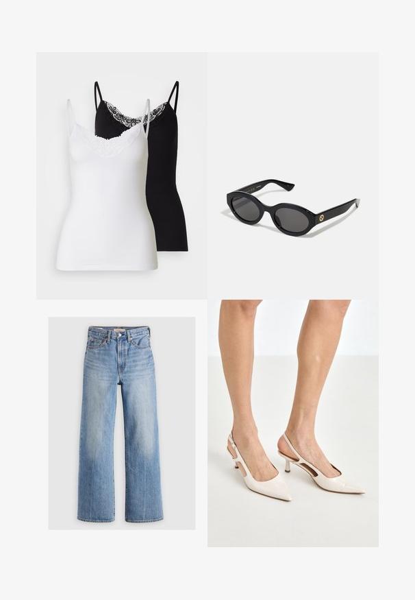 Two camisole tops in white and black. Both feature thin straps and a decorative lace neckline. Made of soft, stretchy fabric.; Light blue denim wide-leg jeans with a high waist, faded areas, five pockets, and contrast stitching. Classic button and zipper closure.; Beige patent leather slingback heels with a pointed toe and 5 cm heel, featuring cut-out sides and a thin ankle strap.; Black oval sunglasses with dark lenses and glossy plastic frame. Features gold logo on the temple, offering a sleek and modern design.; Gold swirl earrings with clear backing, featuring textured gold accents and small clear gemstones embedded in the design.