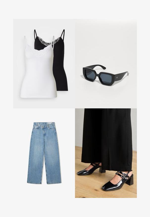 Dve majice na naramnice v beli in črni barvi. Obe sta s tankimi naramnicami in okrasnim čipkastim ovratnikom. Narejene so iz mehkega, raztegljivega materiala.; Svetlo modri široki kavbojki iz denima, ki imajo visok pas, pet žepov, zapiranje na gumb in subtilno zbledelost za teksturo.; Črne patentne usnjene sandale s kvadratnimi prsti, opremljene z dvema nastavljivima zapestnicama in blokastimi petami. Gladka, sijoča končana.; Črne velike sončne očala z geometrijskim dizajnom, pravokotnimi lečami in sijočo površino. Brez vidne blagovne znamke spredaj.; Srebrni uhani v obliki obroča z obliko pentlje, z gladko površino in poliranim teksturo. Kompaktna, minimalistična zasnova primerna za različne priložnosti.