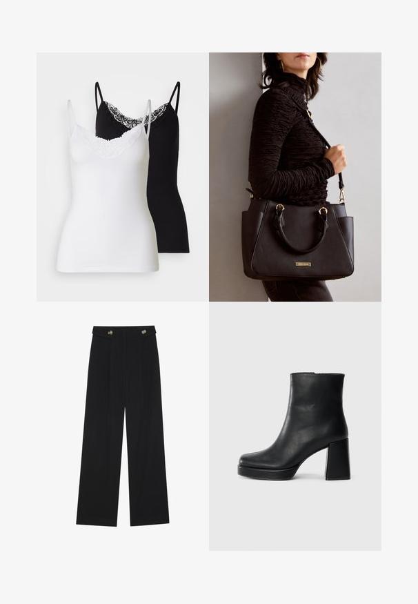 Twee camisole tops in wit en zwart. Beide hebben dunne bandjes en een decoratieve kanten halslijn. Gemaakt van zachte, rekbare stof.; Zwarte wijde broek met hoge taille, knoopdetails op de tailleband en plooien aan de voorkant.; Zwarte leren enkelboot met een blokhak en platformzool, zijaanzicht op een effen witte achtergrond.; Zwarte handtas met gestructureerd oppervlak, dubbele bovenhandvatten en verstelbare schouderriem. Voorzien van goudkleurige hardware en zijzakken.
