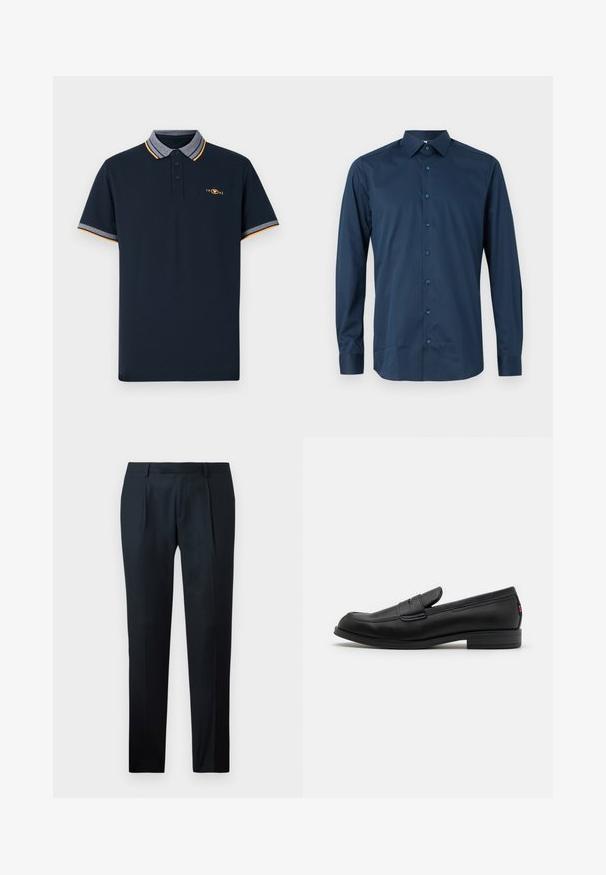 Jūras zila polo krekls, izgatavots no kokvilnas, ar apkakli ar pelēku apdari, oranžiem akcentiem un trim pogām. Izšūta 1962. gada emblēma.; Jūras zilas krāsas ar garām piedurknēm pogājama krekla izgatavots no gludas auduma. Tam ir standarta apkakle, priekšējā plāksne ar saderīgām pogām un aproces ar pogām.; Melnas uzvalka bikses, kas izgatavotas no gludas auduma, ar pieguļošu dizainu, diviem priekšējiem krokām un plakanu jostasvietu bez redzamām detaļām.; Melnas ādas loafers ar gludu apdari, noapaļotu purngalu un mazu dekoratīvu flap. Ietver zemu kraujošu papēdi un smalku zīmola detalizāciju.