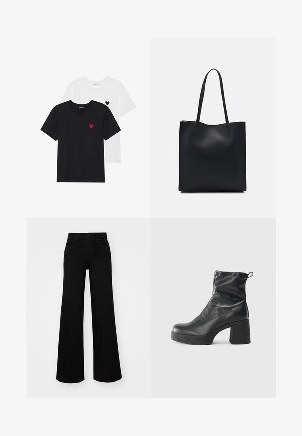 Even&Odd 2 PACK - Apdrukāts T-krekls - white/black; Melni plaša kāju bikses, izgatavotas no džinsa, ar strukturētu jostu, jostu cilpiņām un priekšējām kabatām. Gluda tekstūra ar klasisku dizainu.; Melni potītes zābaki, kas izgatavoti no gludas ādas, ar sānu rāvējslēdzēju, masīvu strukturētu papēdi un noapaļotu purngalu.; Melnas ādas somiņa ar gludu tekstūru, taisnstūra formu un divām garām rokturiem. Nav redzamu aparatūras vai rotājumu.