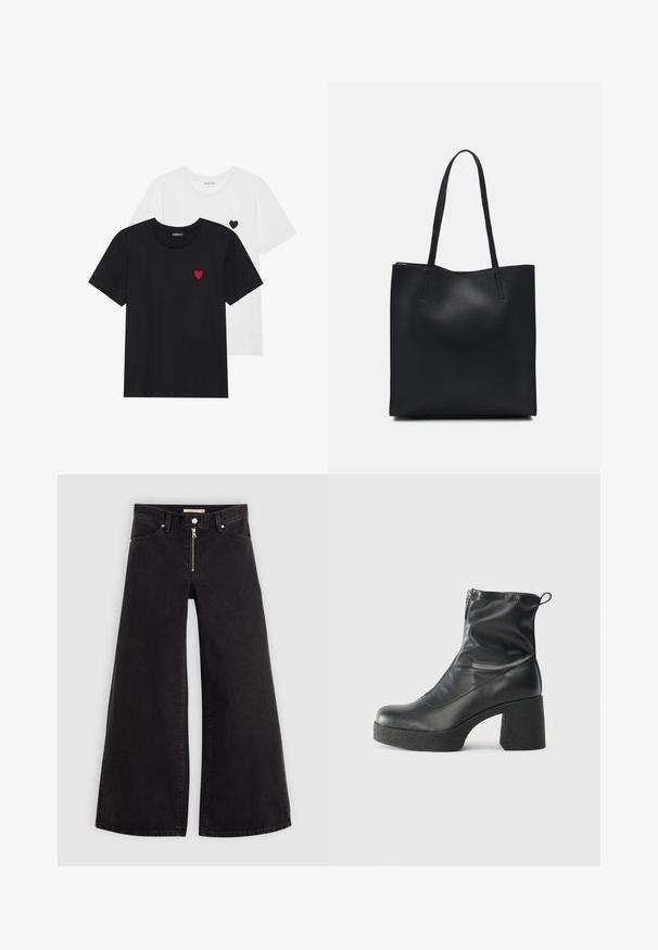 Even&Odd 2 PACK - Camiseta estampada - white/black; Jeans de pierna ancha en denim negro con cierre frontal, diseño de cinco bolsillos y detalles de costura sutiles. Textura suave y estilo casual.; Botines negros de tobillo, hechos de cuero suave, con cierre lateral, tacón grueso texturizado y diseño de punta redondeada.; Bolso tote de cuero negro con textura lisa, forma rectangular y dos asas largas. Sin herrajes ni adornos visibles.