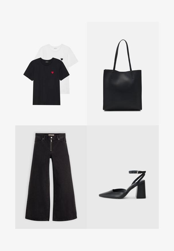 Even&Odd 2 PACK - Majica kratkih rukava s printom - white/black; Široke traperice od crnog denima s prednjim zatvaračem, dizajnom s pet džepova i suptilnim detaljima šivanja. Glatka tekstura i ležeran stil.; Crne kožne cipele s špicastim vrhom, remenom oko gležnja i debelim potplatom. Ravna tekstura, elegantan dizajn i minimalistička estetika.; Crna kožna torba za nošenje s glatkom teksturom, pravokutnim oblikom i dvije duge ručke. Nema vidljivih metalnih dijelova ili ukrasa.