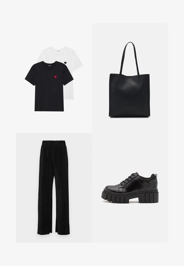 Even&Odd 2 PACK - Triko s potiskem - white/black; Černé plisované kalhoty s elastickým pasem. Mají široké nohavice a hladkou, strukturovanou tkaninu s vertikálními pruhy.; Černé kožené platformové boty s masivním blokovým podpatkem, kulatou špičkou a tradičním šněrováním. Mají hladký povrch a minimální detaily.; Černá kožená taška přes rameno s hladkým povrchem, obdélníkovým tvarem a dvěma dlouhými uchy. Žádné viditelné kování ani ozdoby.