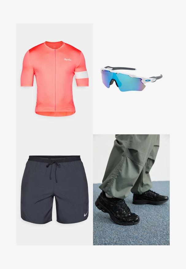Jersey de ciclismo de manga corta en tejido coral degradado, con cremallera frontal y banda de acento blanca en la parte superior del brazo, con la marca "Rapha."; Pantalones cortos de running de Nike en gris oscuro, con una cintura elástica y un cordón de ajuste, además de un acento del logo plateado en la parte inferior de la pierna derecha.; Zapatillas deportivas negras con texturas brillantes y de malla, que presentan una suela gruesa y cordones, combinadas con pantalones cargo holgados de color verde oliva.; Gafas de sol con montura blanca, detalles grises y lentes espejados azules. Diseño deportivo, forma envolvente y almohadillas para la nariz ajustables.