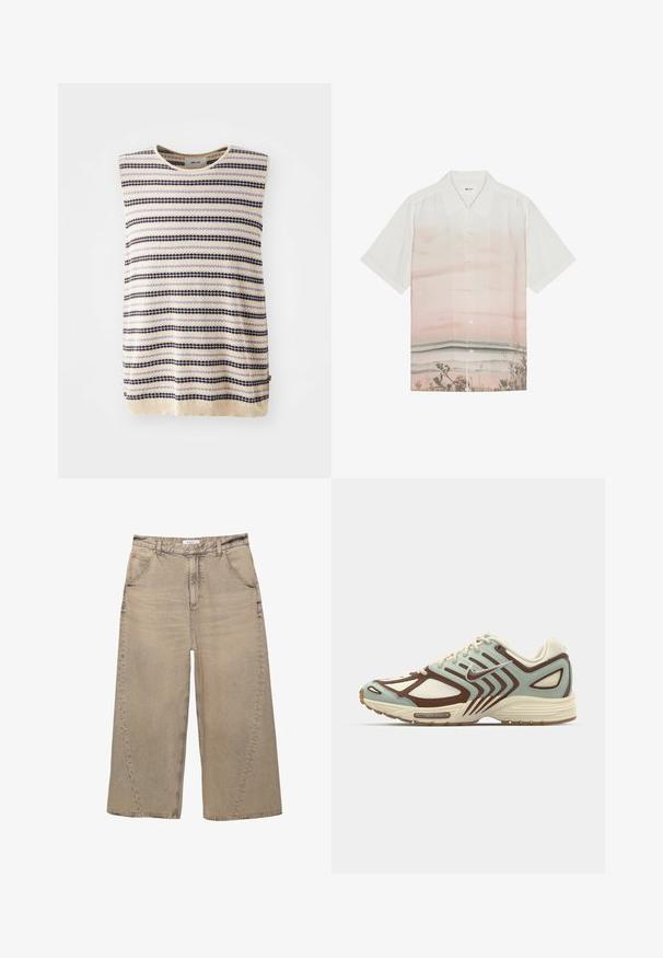 Stricktanktop ohne Ärmel in Creme mit wechselnden horizontalen Streifen in Lila, Schwarz und Hellblau; runder Halsausschnitt und strukturierter Stoff.; Kurzarmhemd aus weißem Stoff mit einem Farbverlauf in sanften Rosa-Tönen und einem Strandmotiv am unteren Rand. Knopfschluss.; PULL&BEAR MEGA BAGGY - Baggy Jeans - light grey; Hellblaue und braune Sneaker mit einem strukturierten Mesh-Obermaterial, geschichtetem Design, reflektierenden Akzenten und einer gepolsterten cremefarbenen Zwischensohle.