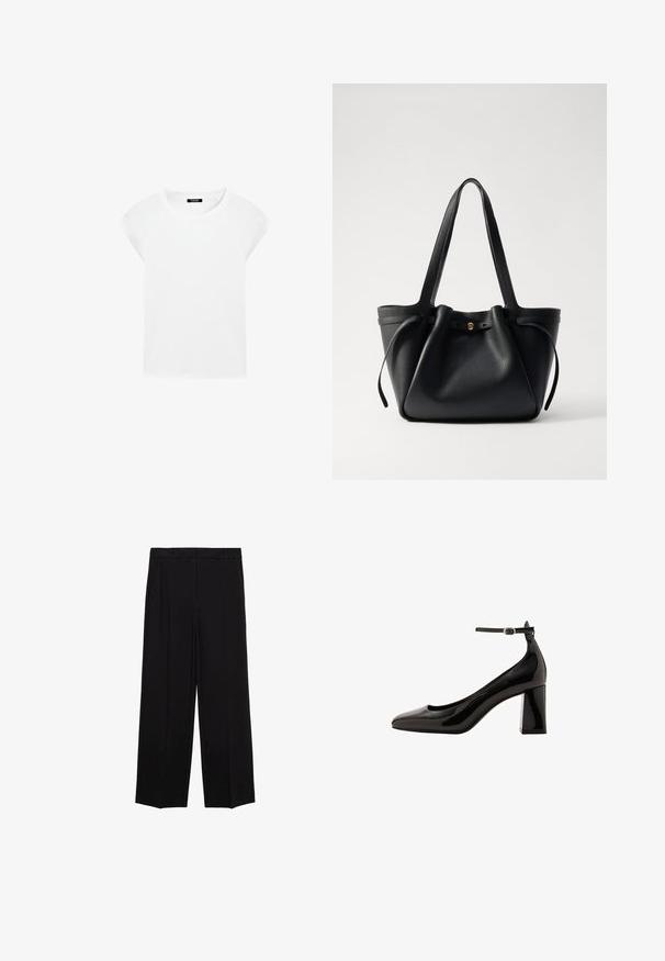 Weißes, kurzärmliges T-Shirt aus weicher Baumwolle mit rundem Ausschnitt und Raglanärmeln, das einen lockeren, geraden Schnitt ohne Muster aufweist.; Schwarze weit geschnittene Hosen aus glattem Stoff, mit Falten an der Vorderseite und seitlichen Taschen, entworfen in einem geraden, lässigen Schnitt.; Schwarze Lackleder-Pumps mit Knöchelriemen und glänzender Oberfläche, spitzer Zehenform und dickem Blockabsatz. Sanfte Textur, minimalistische Details.; Schwarze Leder-Tote mit zwei langen Tragegriffen, einem gerafften oberen Teil und einem goldenen runden Akzent. Glatte Textur mit minimalistischem Design.