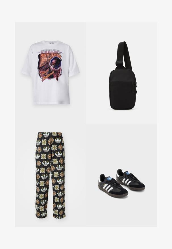 T-shirt branca de algodão com mangas curtas, apresentando uma estampa gráfica multicolorida de um capacete de futebol e o texto "1972 CAMPEÕES MUNDIAIS."; Calças pretas com um padrão intricado de várias formas, incluindo desenhos florais e riscas em laranja, verde e branco.; Sneakers pretos com parte superior em camurça e sintético, apresentando três riscas brancas, sola de borracha texturizada e etiqueta azul no linguete.; Bolsa de ombro preta feita de tecido durável, apresentando uma única alça ajustável, um compartimento principal com fecho de correr e um bolso frontal.
