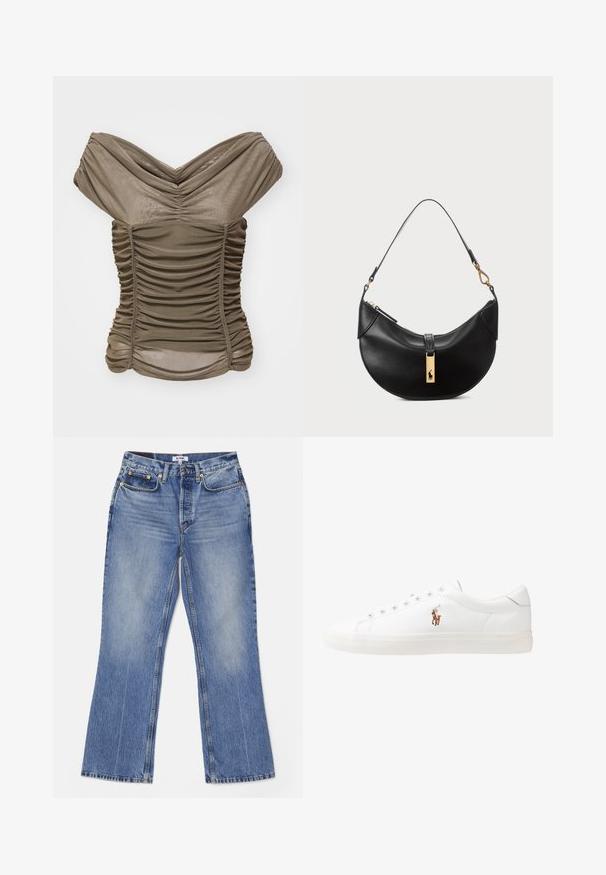 Olivově zelený top bez ramínek s nařasenými detaily, vyrobený z měkké, pružné tkaniny, s přiléhavým střihem a nabíraným výstřihem.; RE/DONE LOOSE - Džíny Bootcut - hacienda; Bílé kožené tenisky, nízký střih, s hladkým povrchem, kulatou špičkou, šněrováním v přední části a malým vyšitým logem na boku.; Černá kožená kabelka ve tvaru půlměsíce. Obsahuje zlaté kovové detaily a úzký popruh. Hladký povrch, zapínání na zip na vrchu.