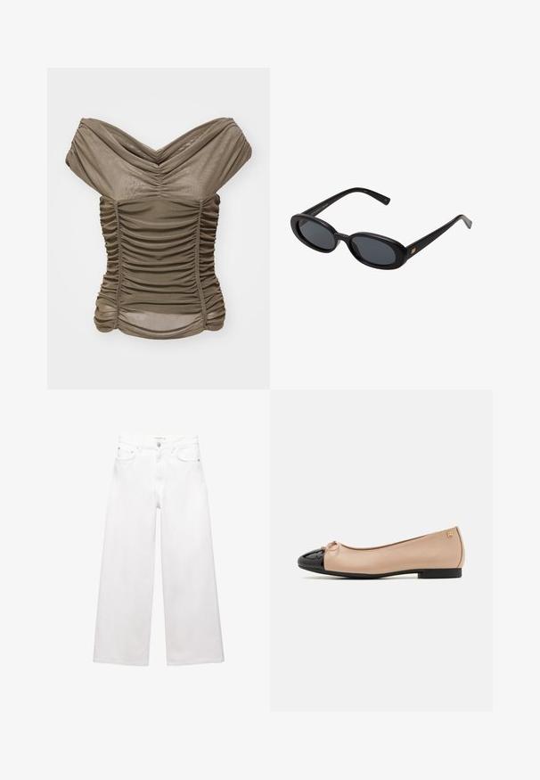 Olivgrön off-shoulder topp med ruching-detaljer, tillverkad av mjukt, elastiskt tyg, med en figurnära silhuett och samlad halsringning.; Vita vida jeans i bomull med hög midja, fem fickor och detaljer i mässing. Slät, odistressad yta.; Ballerinaskor med en beige satinyta, tåkap med svart lack, liten rosett detalj fram och en låg svart klack.; Svarta överdimensionerade solglasögon med ovala linser, slät plastbåge och guldaccent på bågarna. Mörka linser ger solskydd.; Svart läderhandväska med flätade handtag, dragkedjefack och hängande pom poms. Texturerad yta med metallnitar och hårdvaruaccenter.