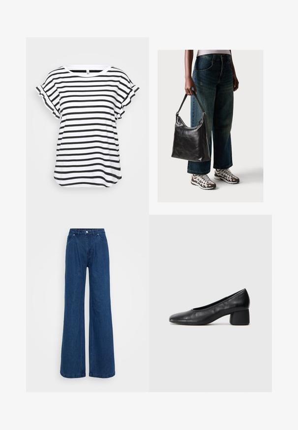 Mustvalge triibuline t-särk lühikeste volangvarrukatega, ümar kaelus ja avar lõige. Valmistatud kergest ja pehmest kangast.; Hallise jalgadega sinised denim püksid kõrge vöökohaga, ees nupuga ja tõmbluku sulguri ning ees ja taga taskutega, lihtsa tausta ees.; Must musta kingadega, ümarate varvaste ja keskmise plokknõrga. Sile tekstuur, minimaalse kaunistusega, kergelt elastse avaga.; Must musta õlakott, millel on sile tekstuur ja reguleeritav rihm, koos pleekinud laia jalgadega teksade ja sportlike tossudega.