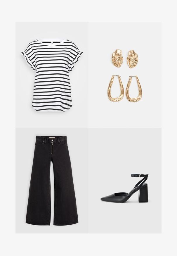 Mustvalge triibuline t-särk lühikeste volangvarrukatega, ümar kaelus ja avar lõige. Valmistatud kergest ja pehmest kangast.; Laiad teksad mustast denimist, millel on lukuga eesmine osa, viie taskuga disain ja peened õmblusdetailid. Sile tekstuur ja juhuslik stiil.; Mustmustest must-käigukingad, millel on konksuga nöör ja paks konts. Ühtlane tekstuur, stiilne disain ja minimalistlik esteetika.; Kuldse värvi kõrvarõngad, mis on kaunistatud tekstuursete ja laineliste kujunditega. Komplektis on skulpturaalsed klamber kõrvarõngad ja avatud rõngasdisain, millel on lõhestatud viimistlus.