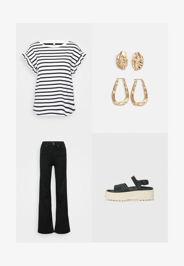 Black and white striped t-shirt with short ruffled sleeves, round neckline, and a loose fit. Made from a light, soft fabric.; Black flared jeans made from denim, featuring a high waist, five pockets, and metal button closure. Smooth texture with minimal detailing.; Black suede platform sandals with a chunky white sole, wide front strap, and adjustable ankle buckle. Textured outsole for grip.; Gold-tone earrings featuring textured, wavy shapes. Includes sculptural clip-on studs and open hoop design with a hammered finish.