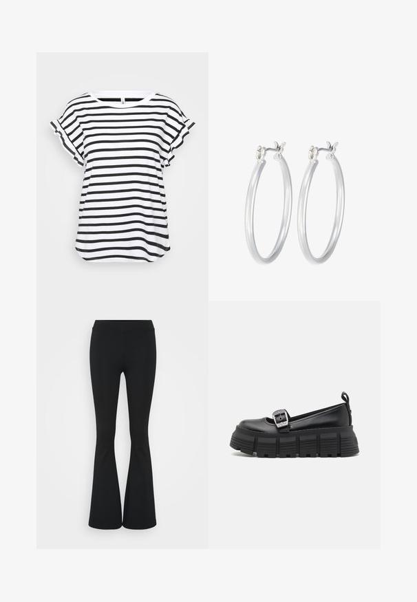 Černobíle pruhované tričko s krátkými volánkovými rukávy, kulatým výstřihem a volným střihem. Vyrobeno z lehkého, měkkého materiálu.; Černé zvonové kalhoty vyrobené z elastického materiálu, s vysokým pasem a hladkou texturou. Kalhoty se rozšiřují od kolene.; Černé platformové polobotky s kulatou špičkou, hladkým koženým svrškem, nastavitelnou přezkou a texturovanou gumovou podešví se horizontálními rýhami.; Stříbrné kruhové náušnice s hladkým, lesklým povrchem. Kulatý tvar a bezpečné zapínání na klip. Lehký design vhodný pro každodenní nošení.