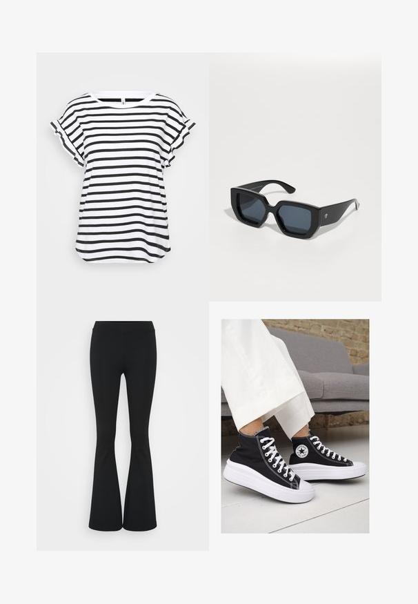 Černobíle pruhované tričko s krátkými volánkovými rukávy, kulatým výstřihem a volným střihem. Vyrobeno z lehkého, měkkého materiálu.; Černé zvonové kalhoty vyrobené z elastického materiálu, s vysokým pasem a hladkou texturou. Kalhoty se rozšiřují od kolene.; Černé vysoké plátěné tenisky s bílými gumovými podrážkami a tkaničkami. Na boku mají kulaté logo a kontrastní bílé švy.; Černé oversized sluneční brýle s geometrickým designem, obdélníkovými skly a lesklým povrchem. Na přední straně není viditelné žádné logo.
