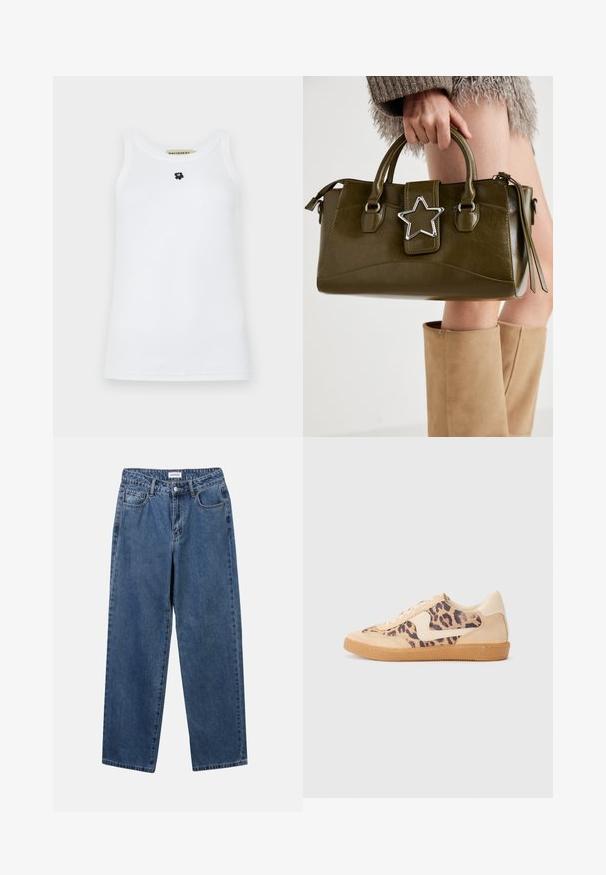 Valge ilma varrukateta T-särk, mis on valmistatud puuvillast, ümarate kaelustega ja keskel on väike must karu logo. Sile tekstuur.; Klassikalised sinised denimists teksad otsejalaga disainiga, viie taskuga ja nööbisuletusega. Omab keskmist pesu ja tugevat tekstuuri.; Leopardi mustriga tossud, millel on beež sueded ülemine osa, pruuni kummist põhi ja valged aktsendid. Ümar nina ja lipsukujundus, millel on tekstureeritud viimistlus.; Oliivroheline kunstnahast käekott koos hõbedase tähe aktsendiga, kahe käepideme ja luku sulgemisega. Tekstuuriga pind ja struktureeritud kuju.