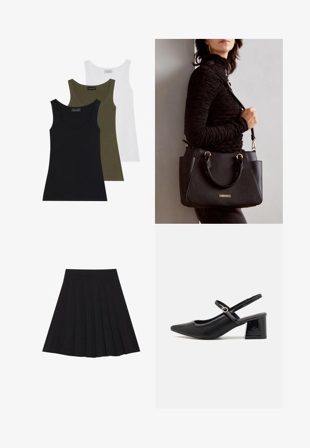 Tři tílka v černé, olivově zelené a bílé barvě. Měkká látka s hlubokým výstřihem, jednoduchý design bez ozdob.; Černá plisovaná sukně vyrobená z texturované látky s dobře padnoucím pasem. Délka sukně je ke kolenům a má hladký, jednoduchý siluetu.; Černé lakované lodičky s otevřenou patou, špičatou špičkou, zaobleným střihem a blokovým podpatkem. Zdobené akcentem v zlatém tónu.; Černá kabelka s texturovaným povrchem, dvojitými horními uchy a nastavitelným ramenním popruhem. Obsahuje zlaté kovové prvky a boční kapsy.