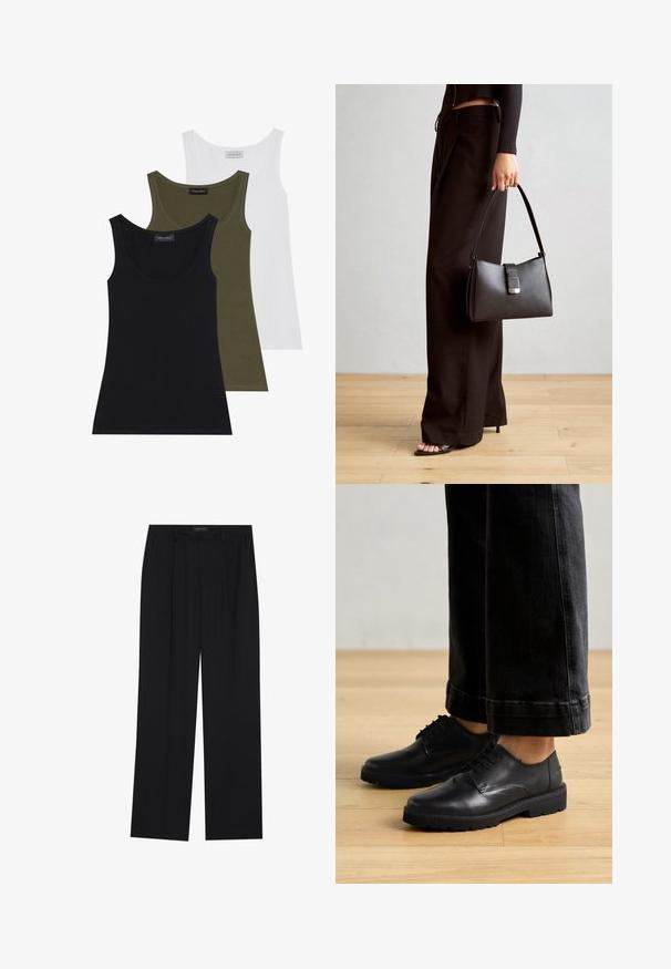 Trīs topiņi melnā, olīvzaļā un baltā krāsā. Mīksta auduma, ar izgriezumu ap kaklu, vienkāršs dizains bez rotājumiem.; Melni bikses ar taisnu kāju dizainu, kurām ir divi priekšējie kabatas un jostasvieta. Izgatavotas no gludas, vieglas auduma.; Melnas ādas šņorējamās kurpes ar gludu virsmu, noapaļota purngala un biezas gumijas zole, apvienotas ar īsām tumšām džinsām.; Melnā somiņa ar strukturētu formu, gludu tekstūru un metālu sprādzi. Saskaņota ar platām melnām biksēm un sandālēm ar atvērtu purngalu uz koka grīdas.