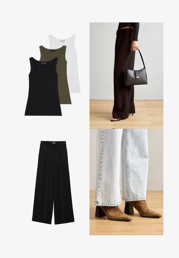 Drie tanktops in zwart, olijfgroen en wit. Zacht stof met een ronde hals, met een eenvoudig ontwerp en zonder versieringen.; Zwarte wijde broek van textuurstof, met een elastische tailleband en een afneembare sjaalstrik in de taille voor een verstelbare pasvorm.; Bruine leren enkellaarsjes met een puntige neus, blokhak en een gladde textuur, gecombineerd met lichtblauwe wijd-pijpen jeans.; Zwarte handtas met gestructureerde vorm, gladde textuur en een metalen sluiting. Gecombineerd met brede zwarte broeken en sandalen met open teen op een houten vloer.