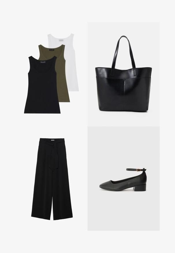 Tre canottiere nei colori nero, verde oliva e bianco. Tessuto morbido con scollo a U, caratterizzate da un design semplice e senza decorazioni.; Pantaloni neri a gamba larga caratterizzati da un tessuto testurizzato, una vita elastica e una cintura staccabile per una vestibilità regolabile.; Pump in pelle nera con punta affusolata e tacco basso a blocco. Presenta una cinghia alla caviglia con una fibbia in tonalità oro. Texture liscia.; Borsa a tracolla in pelle nera con due manici lunghi, una texture liscia e una forma strutturata. Presenta una tasca frontale per ulteriore spazio di archiviazione.