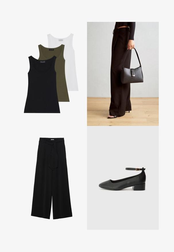 Tre linnen i svart, olivgrön och vit. Mjuk tyg med rundad halsringning, med en enkel design utan utsmyckningar.; Svarta vida byxor med texturerad tyg, elastisk midja och en avtagbar käppknut i midjan för justerbar passform.; Svart läderpump med spetsig tå och en låg klack. Har en ankelsnodd med en guldtonad spänne. Slät textur.; Svart handväska med strukturerad form, slät yta och metallspänne. Matchad med vida svarta byxor och sandaler med öppen tå på trägolv.