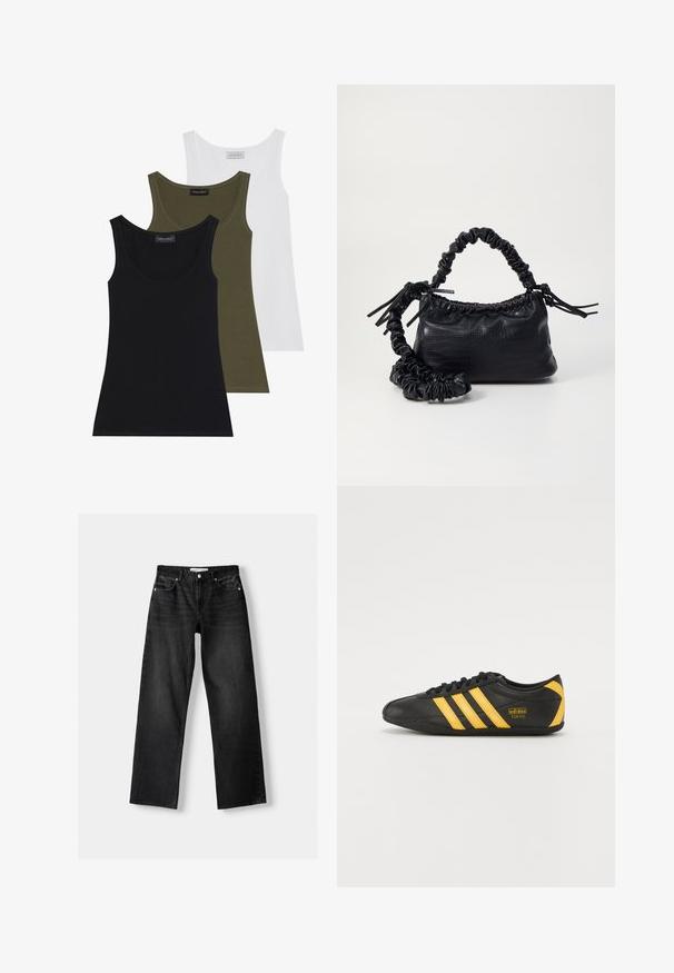 Kolme toppeja mustana, oliivinvihreänä ja valkoisena. Pehmeä kangas, jossa on pyöreä kaula-aukko, yksinkertainen muotoilu ilman koristeita.; Bershka Straight leg -farkut - mottled dark grey; Musta nahkainen urheilukenkä, jossa on keltainen kolmoisraidallinen muotoilu, pyöreä kärki, mustat nauhat ja pieni logo sivussa. Matala profiili.; Must-have mustekahvi nahkalaukku krokotiiliaistalla, kiristetty yläosa ja rypistetty hihna. Näyttää pehmeältä ja kompaktilta muotoilultaan.