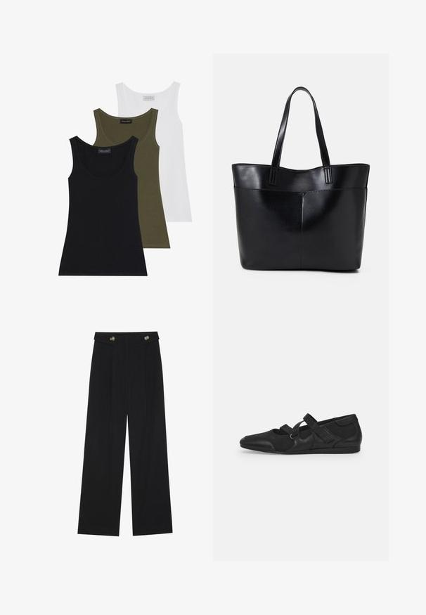 Drie tanktops in zwart, olijfgroen en wit. Zacht stof met een ronde hals, met een eenvoudig ontwerp en zonder versieringen.; Zwarte wijde broek met hoge taille, knoopdetails op de tailleband en plooien aan de voorkant.; Zwarte platte schoenen met een zachte, gestructureerde bovenkant, voorzien van twee verstelbare banden en een afgeronde neus, geplaatst op een platte rubberen zool.; Zwarte leren tote bag met twee lange handvatten, een zachte textuur en een gestructureerde vorm. Voorzien van een voorvak voor extra opslagruimte.; Zilveren oorbellen in de vorm van een gladde, gepolijste ring. Ronde vorm met een veilige kliksluiting. Lichtgewicht ontwerp, geschikt voor dagelijks gebruik.