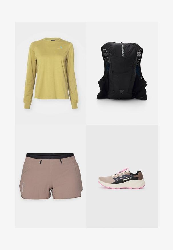 Klättermusen ROOT LOGO TEE - Pitkähihainen paita - meadow green; Vaaleat beiget shortsit, jotka on valmistettu kevyestä kankaasta. Niissä on tekstuuripintainen kuvio, joustava vyötärö mustilla yksityiskohdilla ja kaksi sivutaskua.; Beige ja roosa Salomon jooksutoss musta logo ja disainielementidega, kreemja vahepaiga ja roosa välispohjaga, vaadatuna küljelt ühel plain taustal.; Musta juoksuliivi, jossa on verkkokankaasta valmistetut sivutaskut, heijastavat yksityiskohdat ja vetoketjullinen etutasku. Kevyt materiaali, joka on suunniteltu mukavuutta ja ilmanvaihtoa varten.