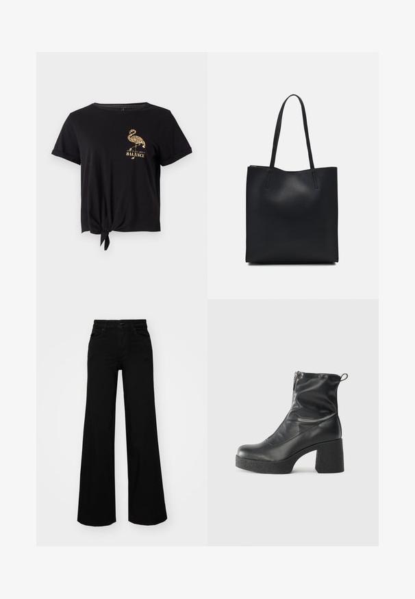 Črna majica s kratkimi rokavi, izdelana iz mehkega bombaža, s spletenim sprednjim delom in z zlatim grafičnim motivom flaminga ter napisom "Življenje je vse o RAVNOTEŽJU".; Črne široke denim hlače s strukturiranim pasom, z zankami za pas in sprednjimi žepi. Gladka tekstura s klasičnim dizajnom.; Črne gležnjarje iz gladke kože z božnim zadrgo, masivnim teksturiranim peto in zaobljeno obliko prstov.; Črna usnjena torba s svilnato teksturo, pravokotne oblike in dvema dolgima ročajema. Brez vidnih metalnih delov ali okrasnih elementov.