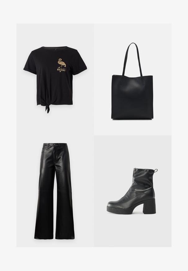 Schwarzes T-Shirt aus weichem Baumwollstoff mit kurzen Ärmeln, vorn geknotet und mit einem goldenen Flamingo-Design sowie dem Text "Das Leben dreht sich alles um BALANCE".; Schwarze leichte, weit geschnittene, hochtaillierte Kunstlederhose mit vorderem Knopf, Reißverschluss, Gürtelschlaufen und Seitentaschen auf weißem Hintergrund.; Schwarze Stiefeletten aus glattem Leder mit seitlichem Reißverschluss, klobigem strukturiertem Absatz und runder Zehenform.; Schwarze Laptoptasche aus Leder mit glatter Textur, rechteckiger Form und zwei langen Griffen. Keine sichtbaren Beschläge oder Verzierungen.
