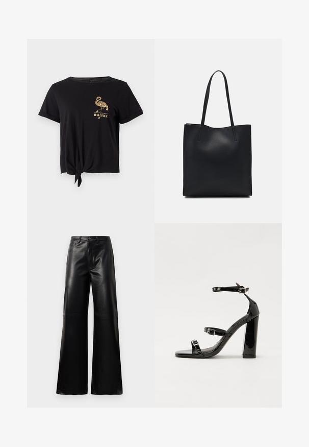 T-shirt noir en coton doux avec des manches courtes, un devant noué, et un graphisme de flamant rose doré avec le texte "La vie est une question d'ÉQUILIBRE".; Pantalons larges en faux cuir noire taille haute avec bouton avant, fermeture éclair, passants de ceinture et poches latérales sur fond blanc.; Sandales à talons vernies noires avec un bout carré, des sangles autour de la cheville et des boucles en argent. Dotées d'un talon bloc épais pour plus de stabilité.; Sac fourre-tout en cuir noir avec une texture lisse, de forme rectangulaire et deux longues poignées. Pas de matériel ou d'ornementations visibles.