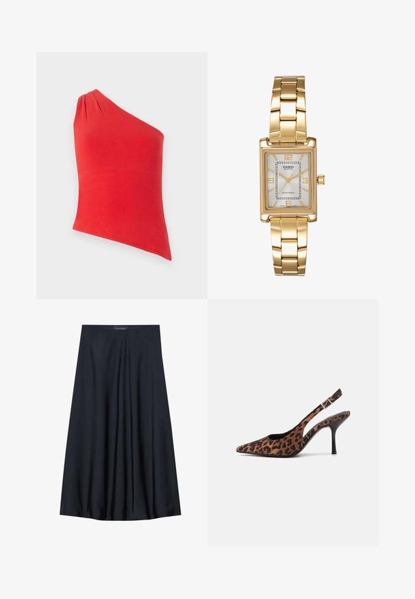 Punane ühe õla top, mis on valmistatud siledast kangast. Omab õlal volangdetaili. Kitsa lõikega ja sirge äärisega.; Must have pikk, kerge materjaliga must seelik, millel on voogav disain. Omab siledat tekstuuri ja peeneid voldikesi lisadetailiks.; Leopardimustriga seljatoega kõrged kontsad terava ninaga, musta läikiva kontsaga ja reguleeritava pahkluu rihmaga. Pehme materjal tekstureeritud viimistlusega.; Kuldtooni ristkülikukujuline käekell valge puidust näidikuga, hõbedaste tundide markeritega ja vastupidava metallist link-ribaga. Veekindel omadus on kaasas.