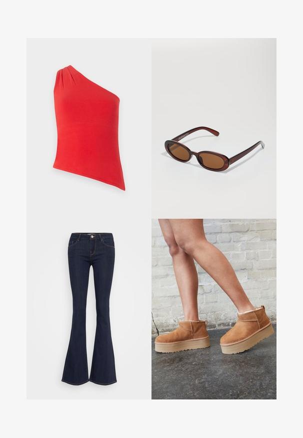 Rød, ensidig topp laget av glatt stoff. Har en samlet detalj på skulderen. Tettsittende design med rett nederkant.; Mørke denim flared jeans med en tettsittende midje, med frontknapplukking, fem lommers design og sømdetaljer langs beina.; Brune daim ankelstøvler med en bløt foring, tykk beige plattformsåle og en bakre trekkflik. Teksturert overflate med synlige stikningsdetaljer.; Runde, brune solbriller med en blank burgunderfarvet ramme. Slanke arme med subtile brandingdetaljer. Flad linse design.