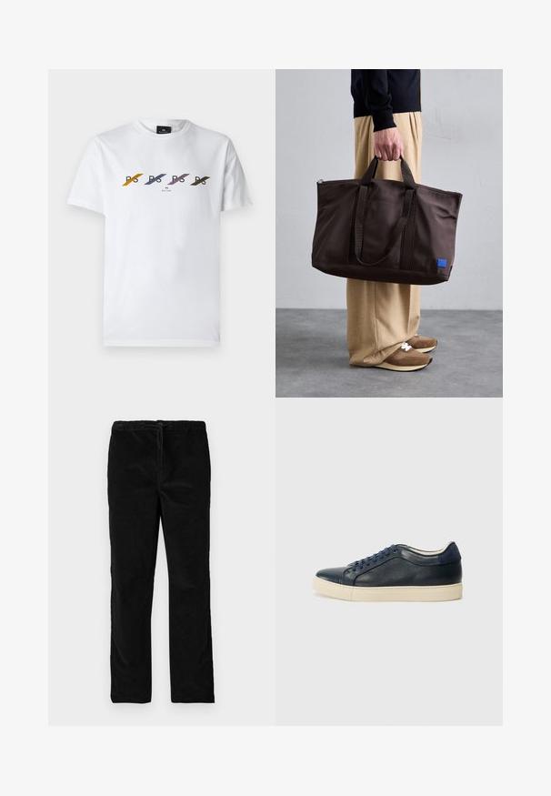 Λευκό βαμβακερό μπλουζάκι με οριζόντιο σχέδιο λογότυπου που διαθέτει πολύχρωμες διαγώνιες γραμμές σε κίτρινο, μπλε, μωβ και πράσινο.; Μαύρο σατέν παντελόνι καμπάνα με ελαστική ζώνη και κορδόνι στη μπροστινή πλευρά, αναδεικνύεται σε λευκό φόντο.; Σκούρο μπλε δερμάτινο αθλητικό παπούτσι με κρεμ λαστιχένια σόλα, διαθέτει μπλε κορδόνια και λεία υφή. Στρογγυλή μύτη και μινιμαλιστικός σχεδιασμός.; Καφέ νάιλον τσάντα ώμου με διπλές λαβές, φερμουάρ κλεισίματος και μπλε λογότυπο. Λείος υφασμάτινος τόνος, δομημένος σχεδιασμός, ευρύχωρος εσωτερικός χώρος.