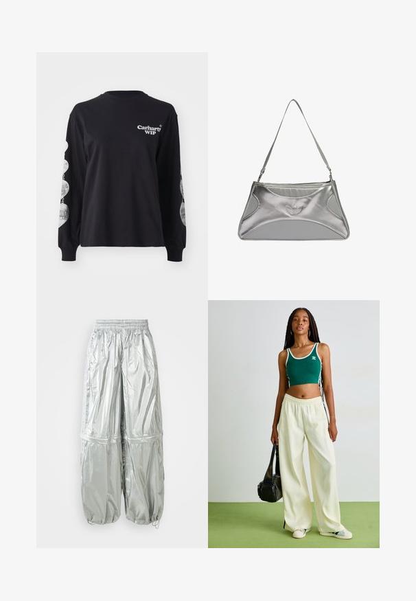 Čierne tričko s dlhým rukávom vyrobené z bavlny, na prednej strane s logom "Carhartt WIP" a grafickými potlačami pozdĺž rukávov.; Strieborné ľahké cargo nohavice s lesklou textúrou, elastickým pásom, zúženými manžetami a dvoma veľkými prednými vreckami.; Zelený skrátený top bez rukávov s bielym lemovaním, skombinovaný s širokými krémovými nohavicami. Model drží malú čiernu tašku. Jednoduché tenisky.; Strieborná metalická kabelka so štíhlim, štruktúrovaným dizajnom, ktorá má textúrované telo, ramenný popruh a vyrazený logový akcent.; Strieborné kruhové náušnice s hladkým, okrúhlym dizajnom a lesklým povrchom. Sú tenké a ľahké, s jednoduchým uzáverom.