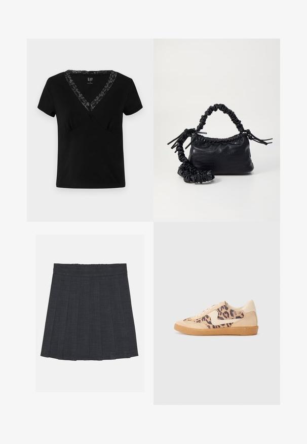 Fekete, rövid ujjú, V-nyakú pamut póló, csipke díszítéssel a nyakvonal mentén és testhezálló fazonnal.; Sötétszürke pliszírozott szoknya rugalmas derékkal, texturált anyagból, klasszikus A-vonalú sziluettel. Alkalmas mindennapi viseletre.; Leopárdmintás sportcipő bézs velúr felsőrésszel, világosbarna gumitalppal és fehér kiegészítőkkel. Kerek orr, fűzős kialakítás, és textúrázott felület jellemzi.; Fekete műbőr kézi táska krokodil bőr textúrával, összehúzható tetejű és gyűrt pánttal. Lágy és kompakt dizájnúnak tűnik.